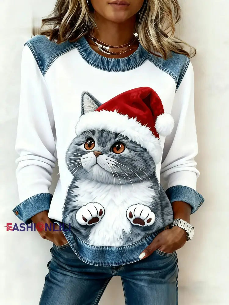 Women’s Vintage Christmas Cat Denim Patchwork Sweatshirt As picture / S