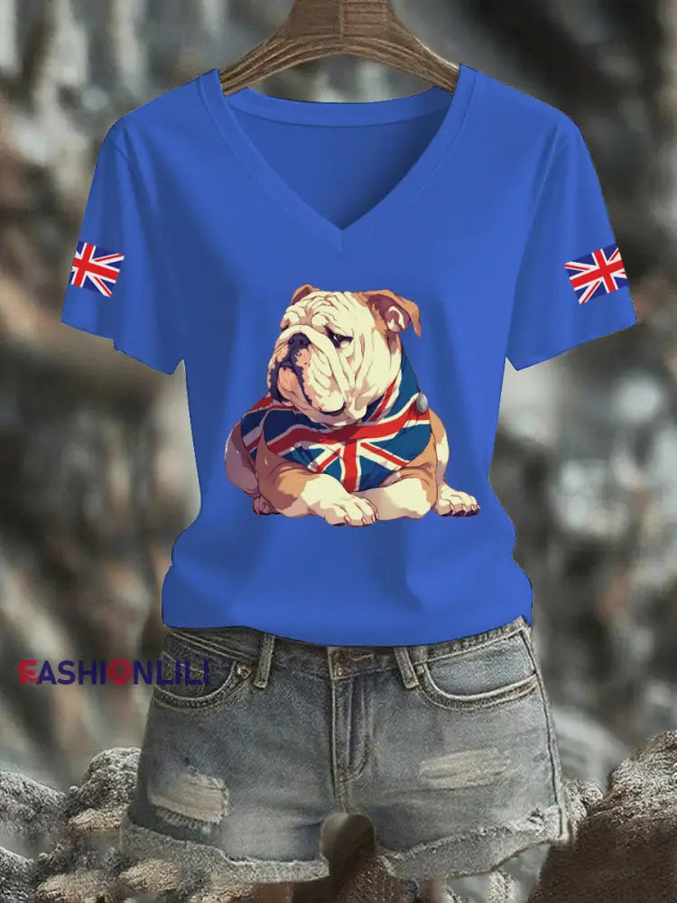 Women’s Vintage England Flag Casual Printed V-neck T-shirt Blue / S