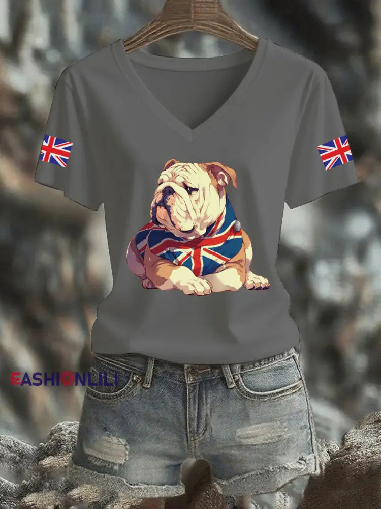 Women’s Vintage England Flag Casual Printed V-neck T-shirt Light Gray / S