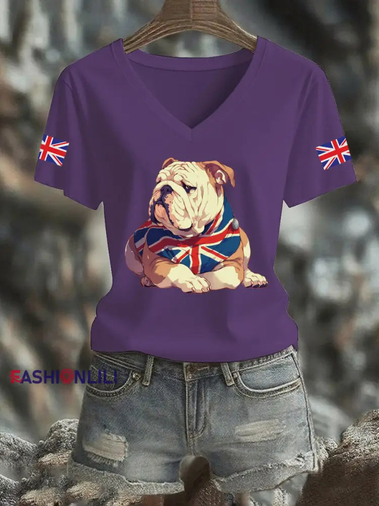 Women’s Vintage England Flag Casual Printed V-neck T-shirt Purple / S