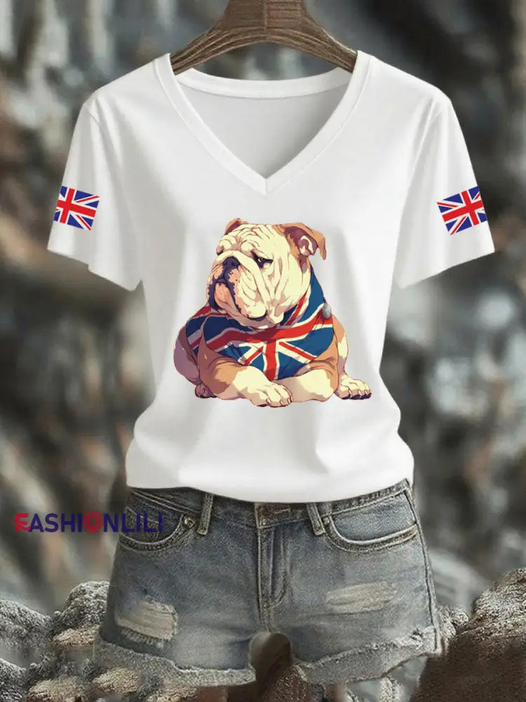 Women’s Vintage England Flag Casual Printed V-neck T-shirt White / S