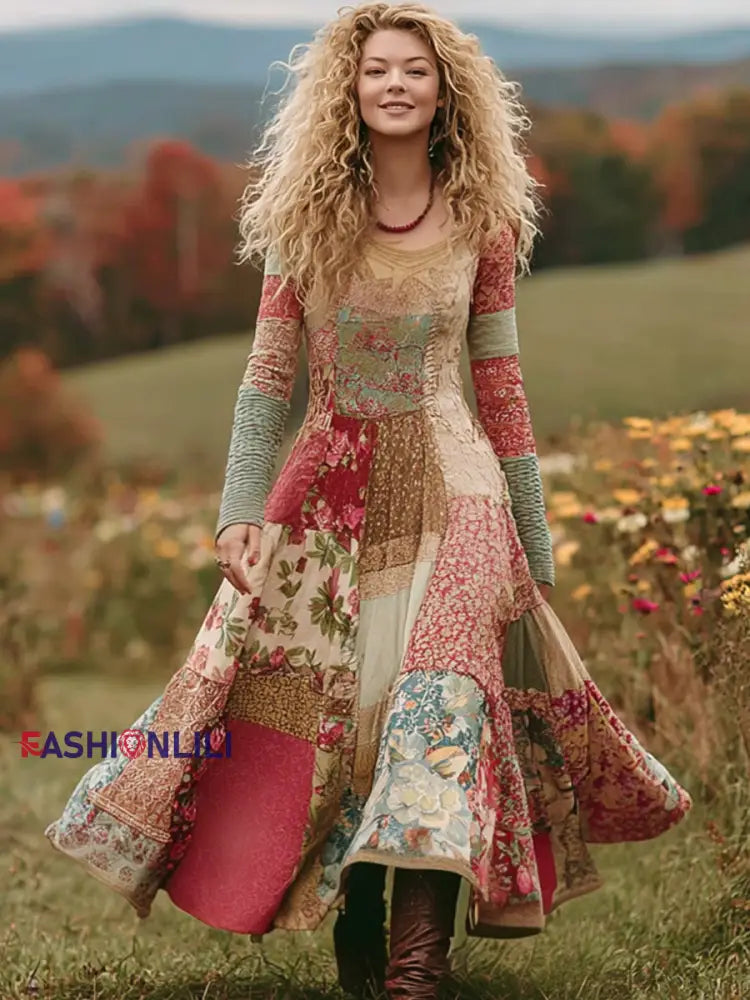 Women’s Vintage Floral Pattern Patchwork Art Maxi Dress Pink / S