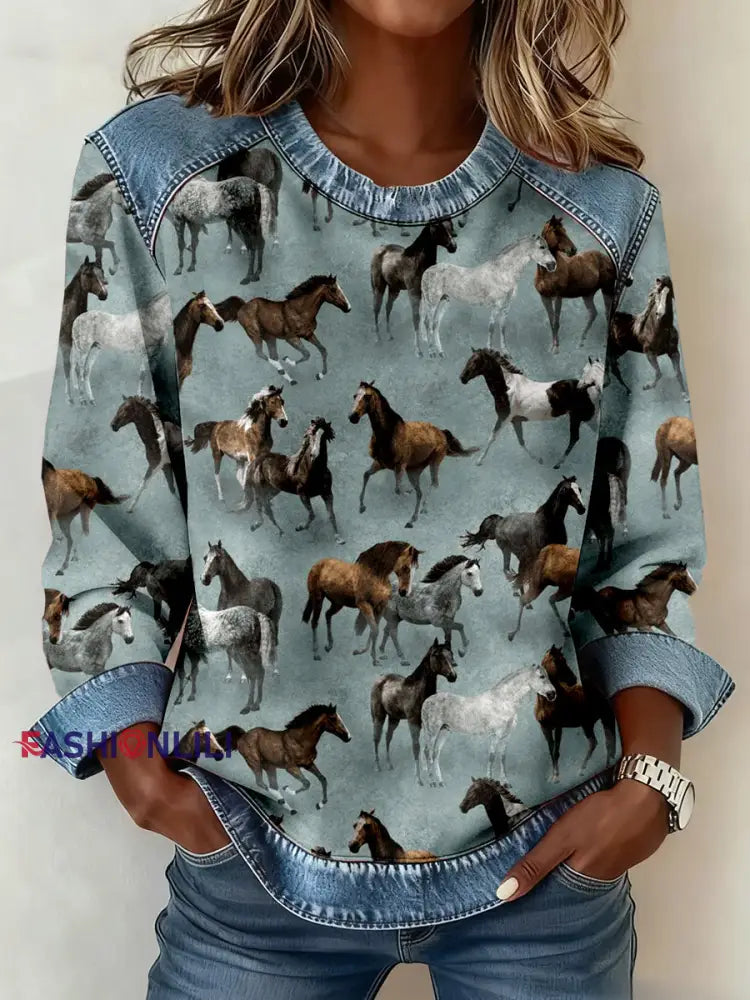 Women’s Vintage Horse Art Print Denim Patchwork Sweatshirt As picture / S