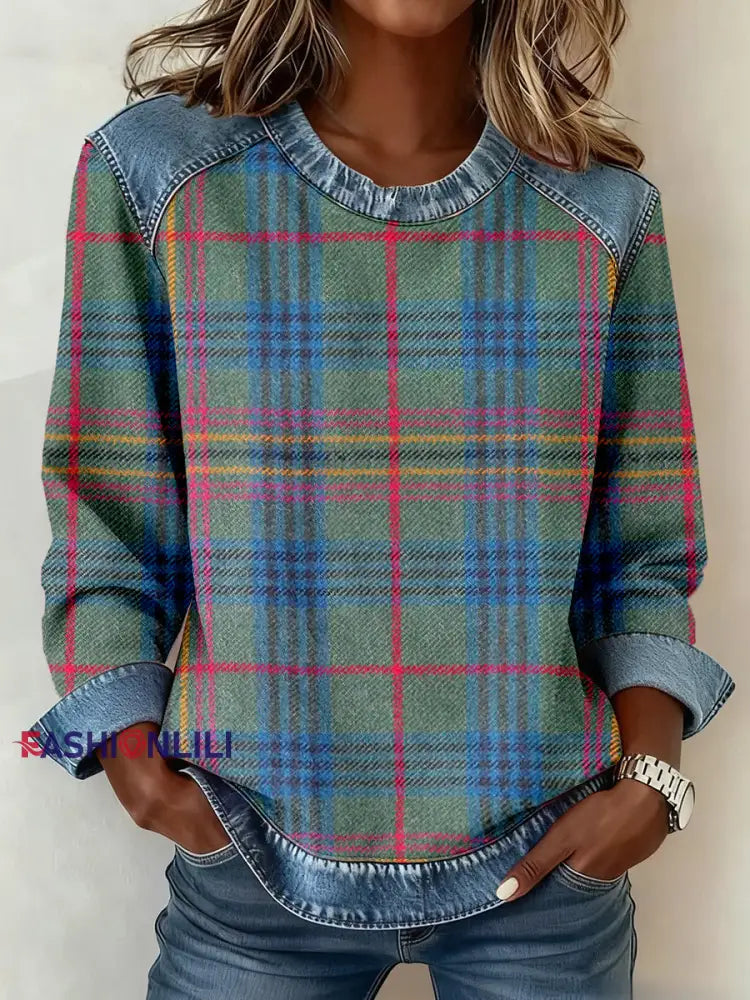 Women’s Vintage Plaid Pattern Denim Patchwork Sweatshirt As picture / S