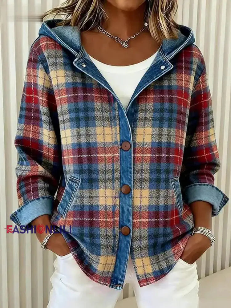 Women’s Vintage Plaid Pattern Patchwork Art Hooded Cardigan As picture / S