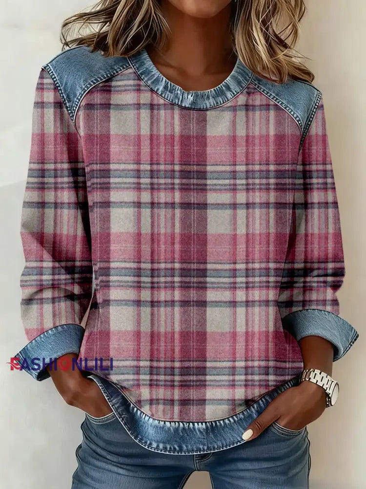Women’s Vintage Plaid Pattern Patchwork Art Sweatshirt As picture / S
