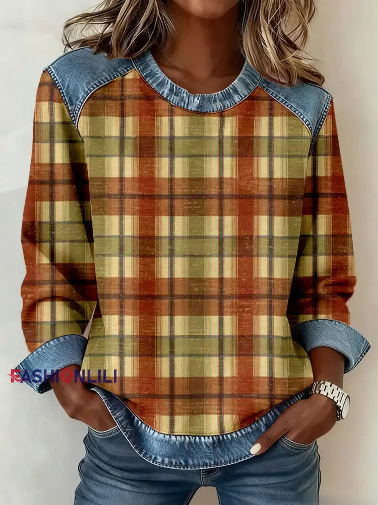 Women’s Vintage Plaid Pattern Patchwork Art Sweatshirt As picture / S