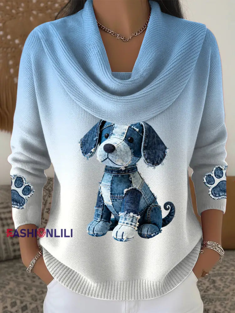 Women’s Vintage Puppy Patchwork Gradient Collar Blouse Blue / S
