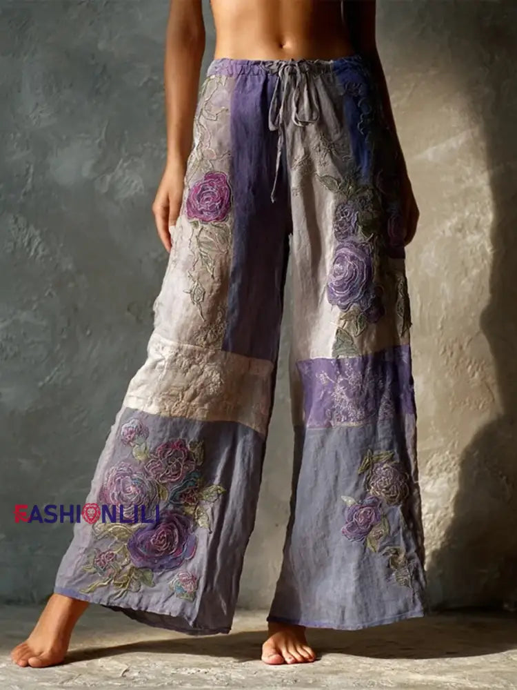 Women’s Vintage Purple Roses Patchwork Pants Purple / S