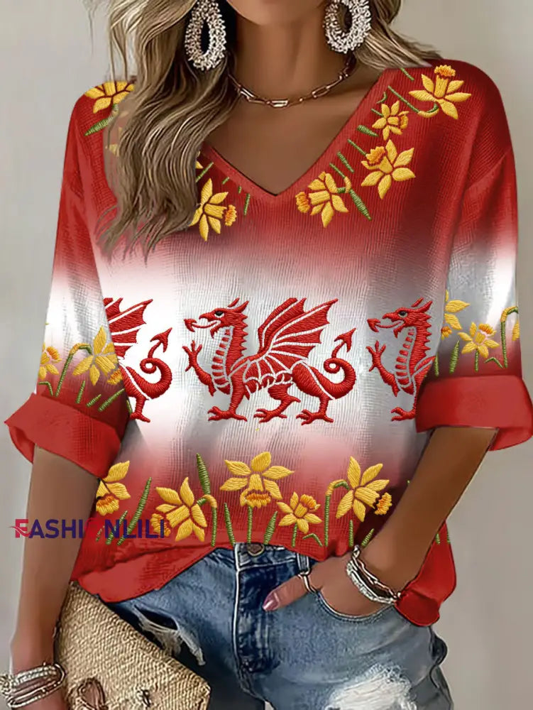 Women’s Wales Welsh Rugby Lover Printed Waffle T-shirt Red / S