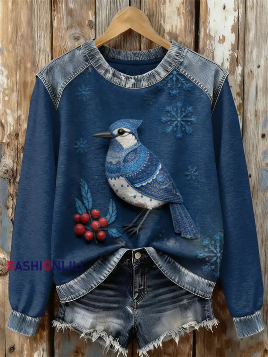Gorgeous Christmas Bird Print Casual Long Sleeved Sweatshirt As picture / S