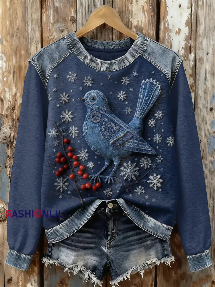 Gorgeous Christmas Bird Print Casual Long Sleeved Sweatshirt As picture / S