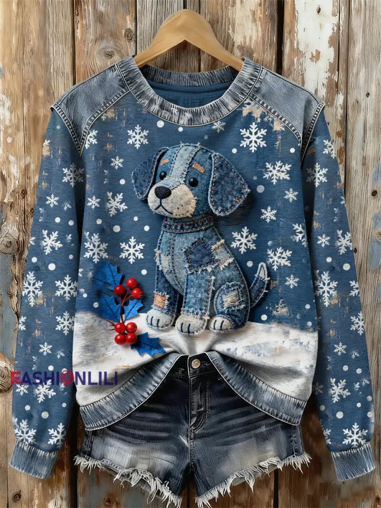 Gorgeous Christmas Puppy Print Casual Long Sleeved Sweatshirt As picture / S