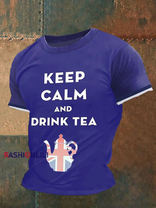 Keep Calm Printed Vintage Fashion Loose Short Sleeve T-Shirt Blue / S