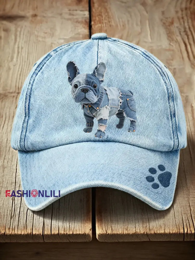 Lovely French Bulldog Patchwork Art Hat Blue / ONE
