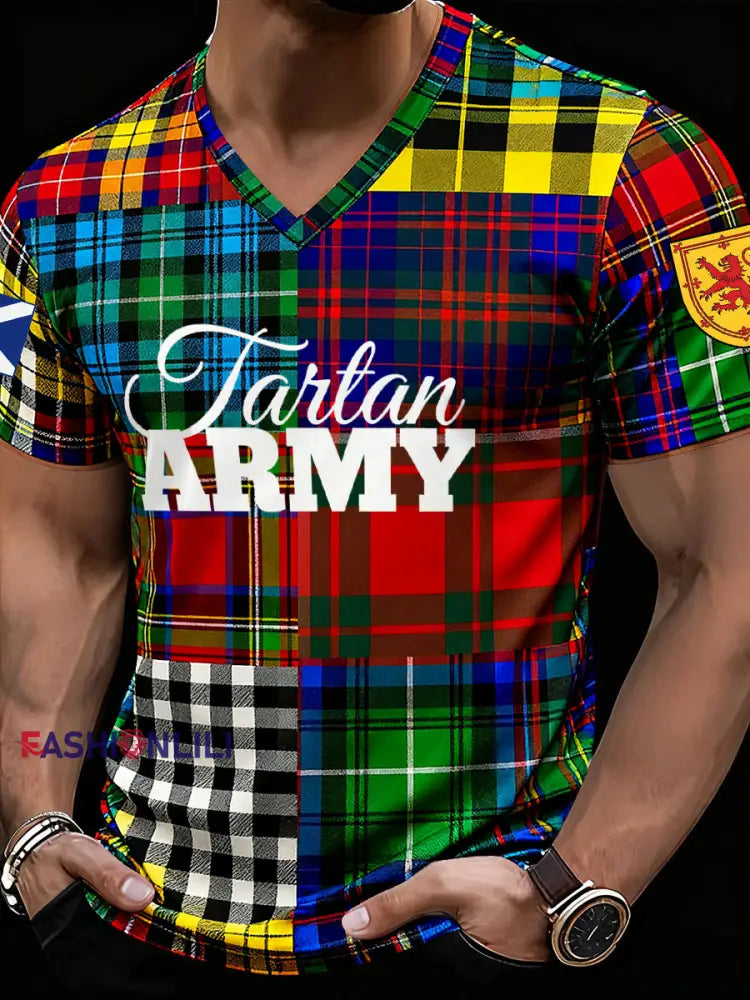 Men’ Scotland Football Lover Tartan Army Printed V-neck T-shirt As picture / S