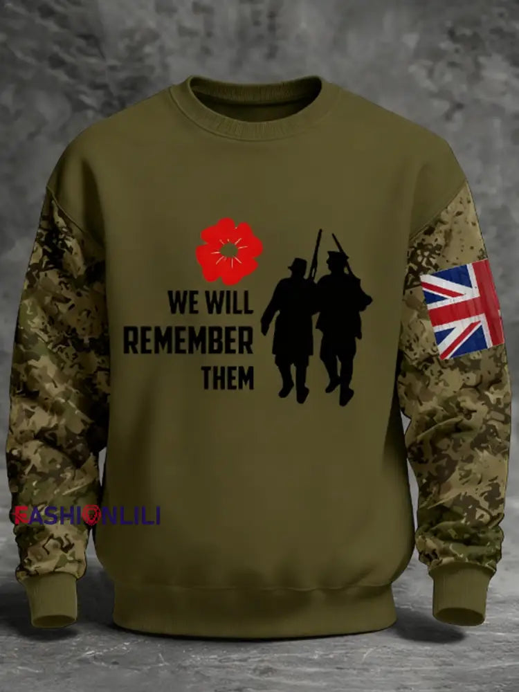 Men’s 11th November Remembrance Day LEST WE’S FORGET Poppy Remembrance Crew Neck Sweatshirt Army Green / S