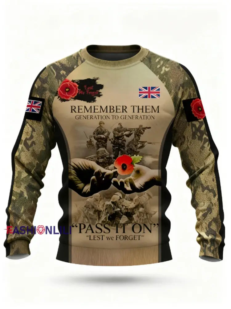 Men’s 11th November Remembrance Day LEST WE’S FORGET Poppy Remembrance Crew Neck Sweatshirt Army Green / S