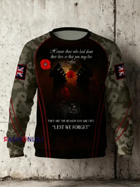 Men’s 11th November Remembrance Day LEST WE’S FORGET Poppy Remembrance Crew Neck Sweatshirt Black / S