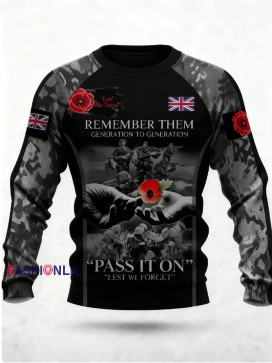 Men’s 11th November Remembrance Day LEST WE’S FORGET Poppy Remembrance Crew Neck Sweatshirt Black / S