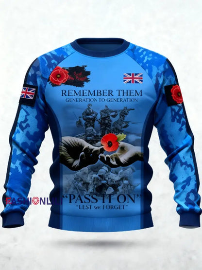Men’s 11th November Remembrance Day LEST WE’S FORGET Poppy Remembrance Crew Neck Sweatshirt Blue / S