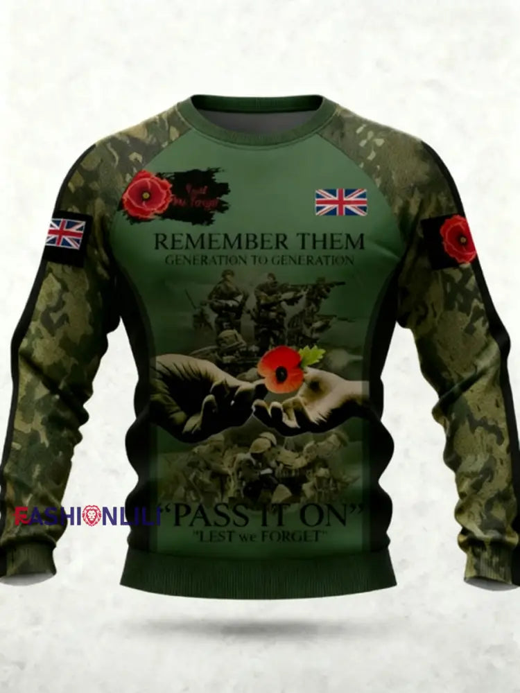 Men’s 11th November Remembrance Day LEST WE’S FORGET Poppy Remembrance Crew Neck Sweatshirt Dark Green / S