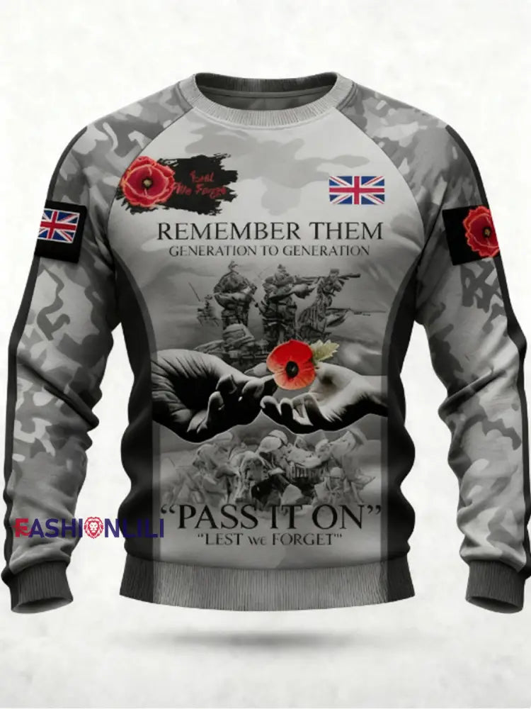 Men’s 11th November Remembrance Day LEST WE’S FORGET Poppy Remembrance Crew Neck Sweatshirt Gray / S