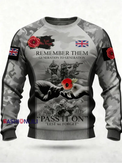 Men’s 11th November Remembrance Day LEST WE’S FORGET Poppy Remembrance Crew Neck Sweatshirt Gray / S