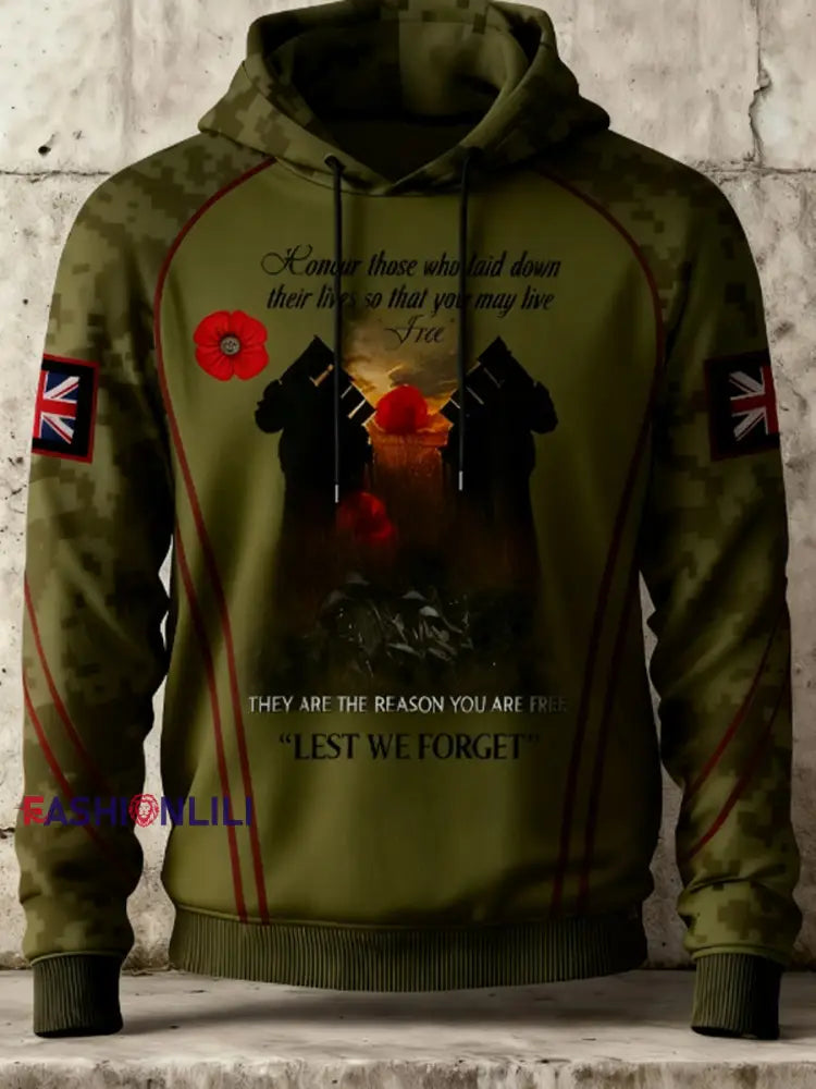 Men’s 11th November Remembrance Day LEST WE’S FORGET Poppy Remembrance Hoodie Army Green / S