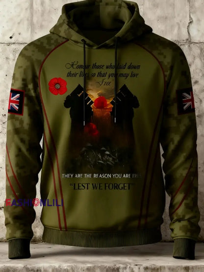 Men’s 11th November Remembrance Day LEST WE’S FORGET Poppy Remembrance Hoodie Army Green / S