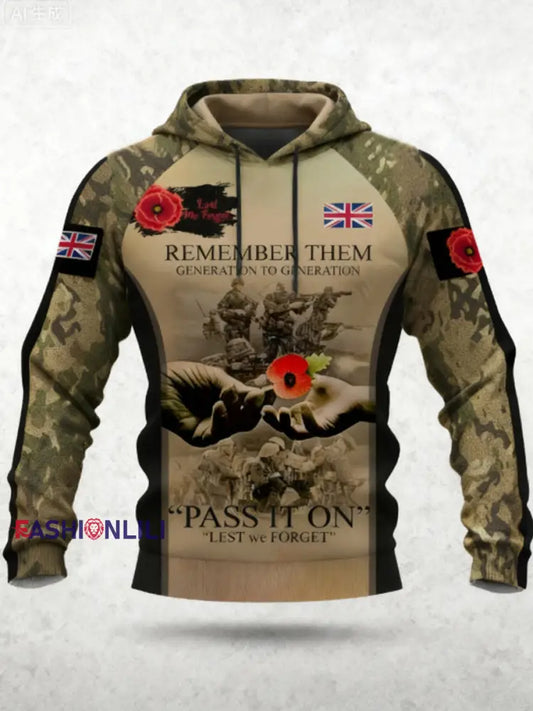 Men’s 11th November Remembrance Day LEST WE’S FORGET Poppy Remembrance Hoodie Army Green / S