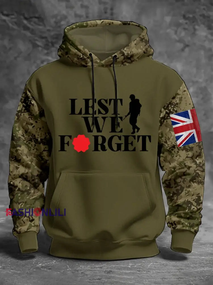 Men’s 11th November Remembrance Day LEST WE’S FORGET Poppy Remembrance Hoodie Army Green / S