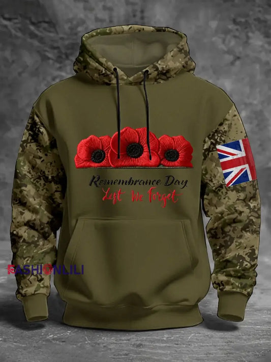 Men’s 11th November Remembrance Day LEST WE’S FORGET Poppy Remembrance Hoodie Army Green / S