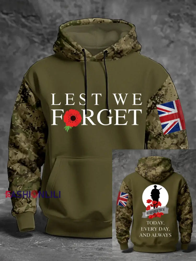 Men’s 11th November Remembrance Day LEST WE’S FORGET Poppy Remembrance Hoodie Army Green / S