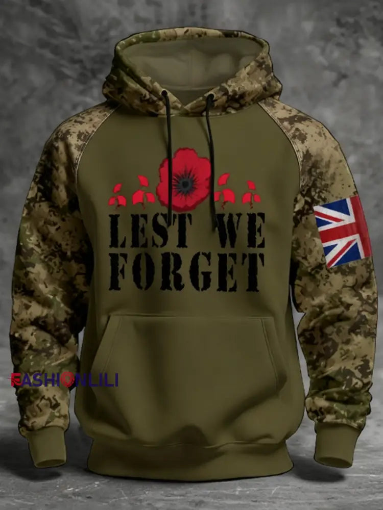 Men’s 11th November Remembrance Day LEST WE’S FORGET Poppy Remembrance Hoodie Army Green / S