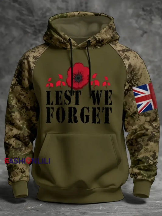 Men’s 11th November Remembrance Day LEST WE’S FORGET Poppy Remembrance Hoodie Army Green / S