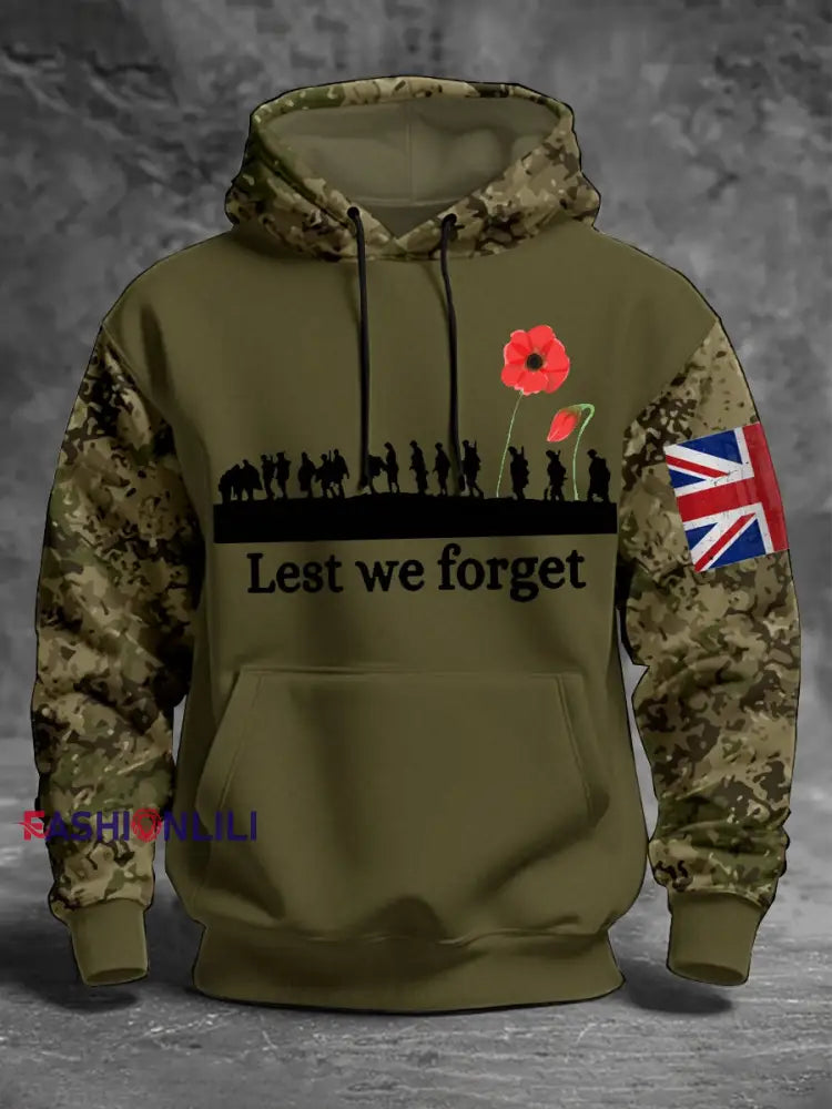 Men’s 11th November Remembrance Day LEST WE’S FORGET Poppy Remembrance Hoodie Army Green / S
