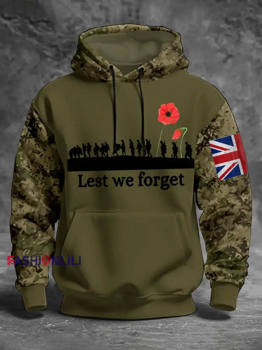Men’s 11th November Remembrance Day LEST WE’S FORGET Poppy Remembrance Hoodie Army Green / S