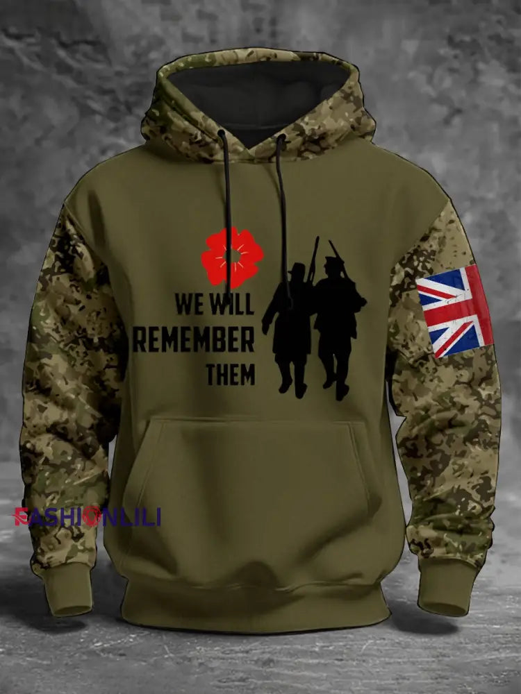 Men’s 11th November Remembrance Day LEST WE’S FORGET Poppy Remembrance Hoodie Army Green / S