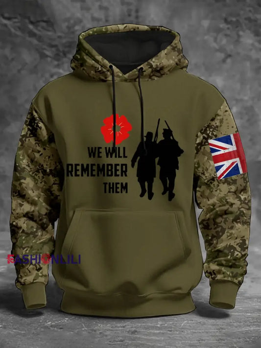 Men’s 11th November Remembrance Day LEST WE’S FORGET Poppy Remembrance Hoodie Army Green / S
