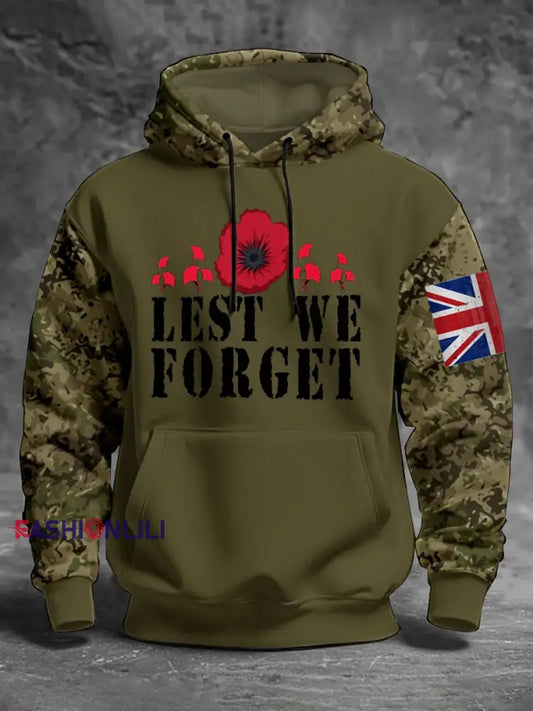 Men’s 11th November Remembrance Day LEST WE’S FORGET Poppy Remembrance Hoodie Army Green / S
