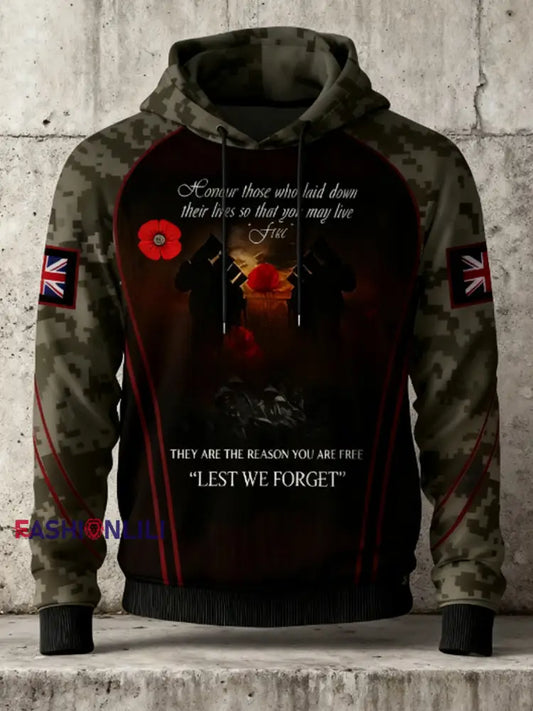Men’s 11th November Remembrance Day LEST WE’S FORGET Poppy Remembrance Hoodie Black / S