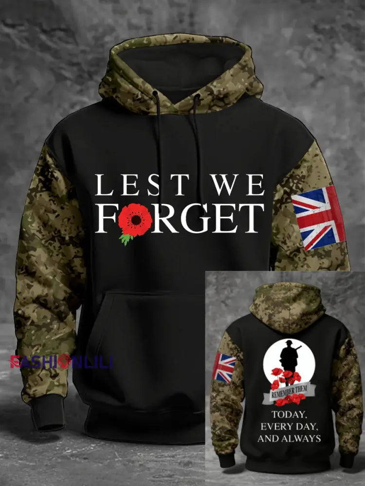 Men’s 11th November Remembrance Day LEST WE’S FORGET Poppy Remembrance Hoodie Black / S