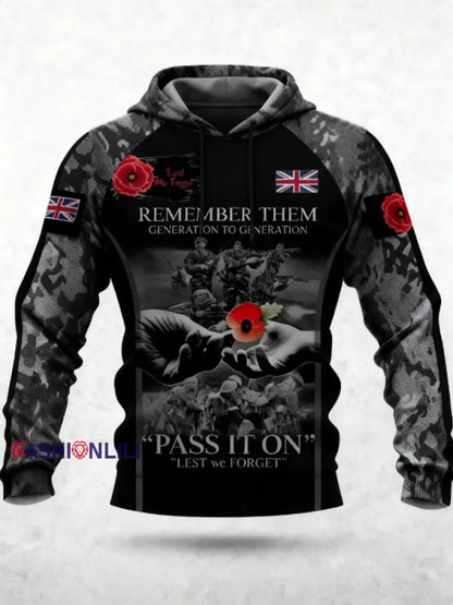 Men’s 11th November Remembrance Day LEST WE’S FORGET Poppy Remembrance Hoodie Black / S