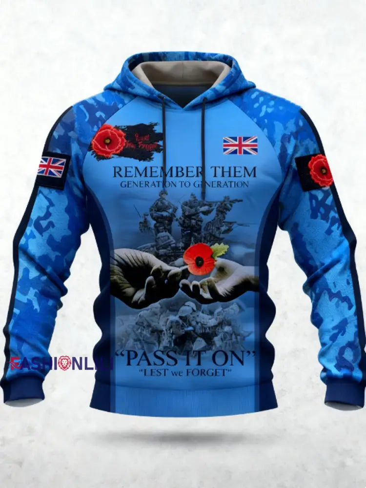 Men’s 11th November Remembrance Day LEST WE’S FORGET Poppy Remembrance Hoodie Blue / S