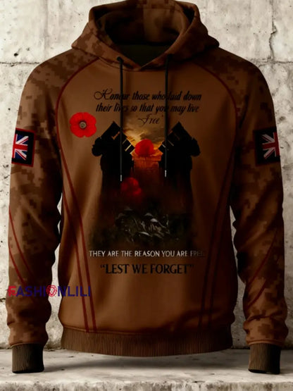 Men’s 11th November Remembrance Day LEST WE’S FORGET Poppy Remembrance Hoodie Brown / S