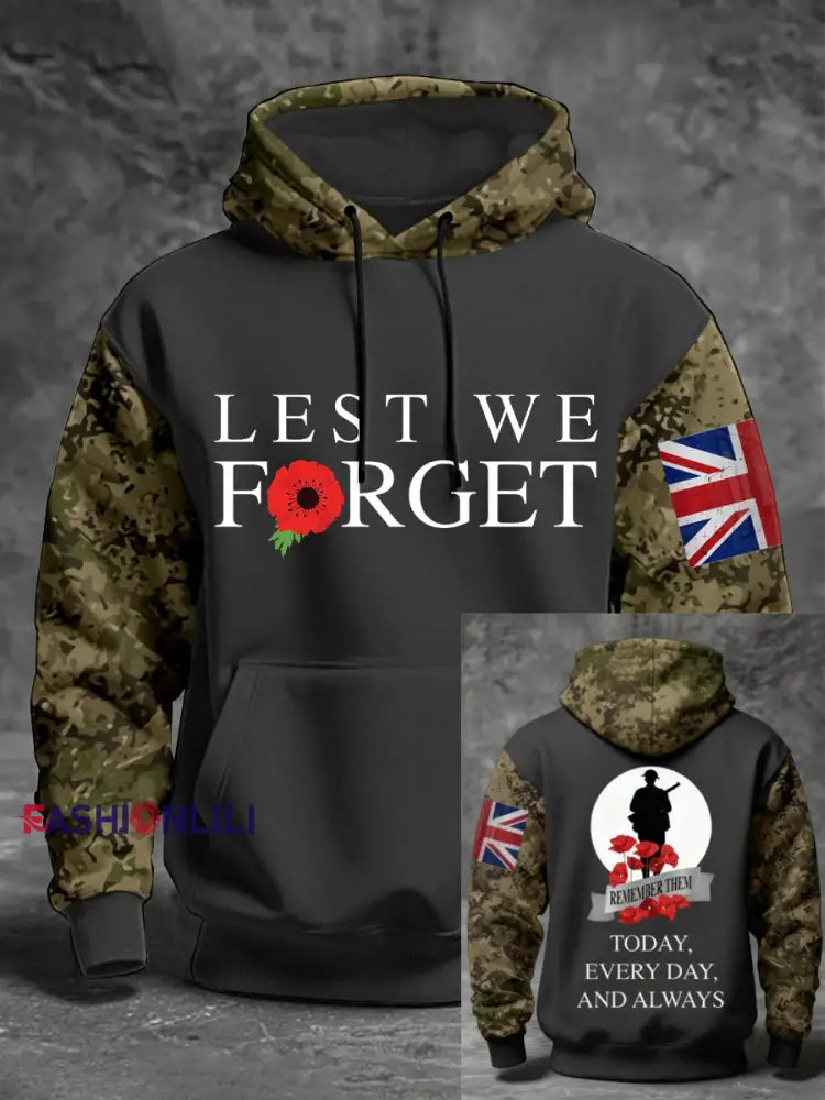 Men’s 11th November Remembrance Day LEST WE’S FORGET Poppy Remembrance Hoodie Dark Gray / S