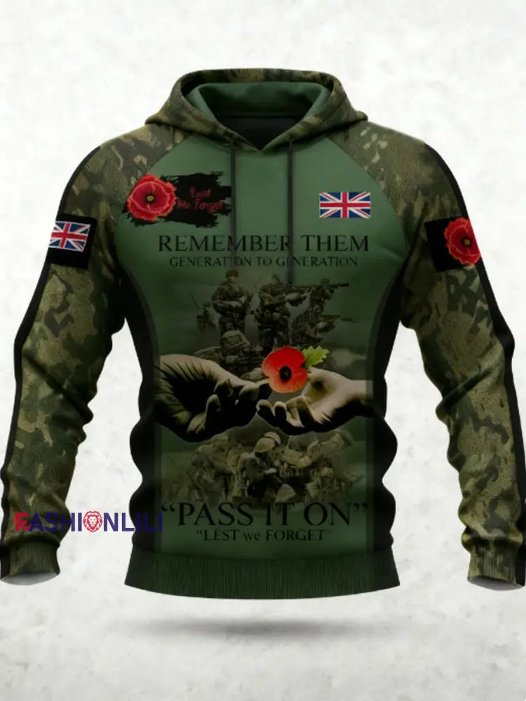 Men’s 11th November Remembrance Day LEST WE’S FORGET Poppy Remembrance Hoodie Dark Green / S