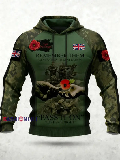 Men’s 11th November Remembrance Day LEST WE’S FORGET Poppy Remembrance Hoodie Dark Green / S