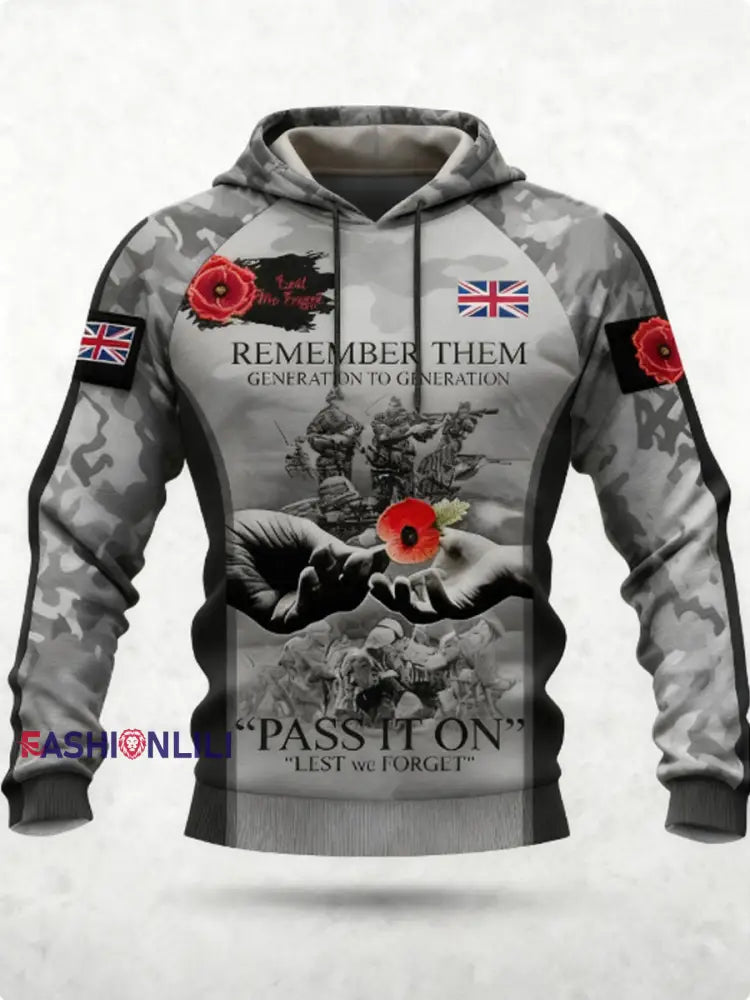 Men’s 11th November Remembrance Day LEST WE’S FORGET Poppy Remembrance Hoodie Gray / S